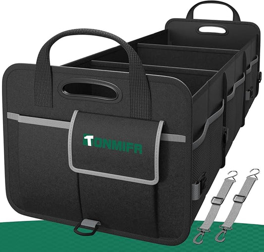 Heavy-Duty Trunk Organizer & Multi-Compartment Storage Box for SUV/Sedan/Minivan,600D Waterproof Oxford,2 Securing Hooks & Reflective Strips-Large Capacity Organiser(92L)
