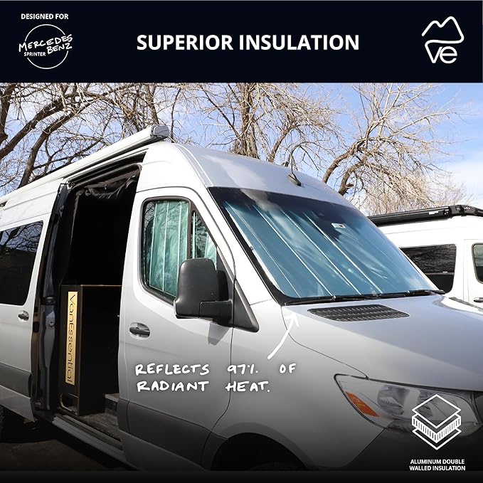 VanEssential Insulated Reflective Blackout Window Cover Designed for Mercedes-Benz NCV3 & VS30 (Van Years 2007 to Current), Front Windshield, Black Reflective
