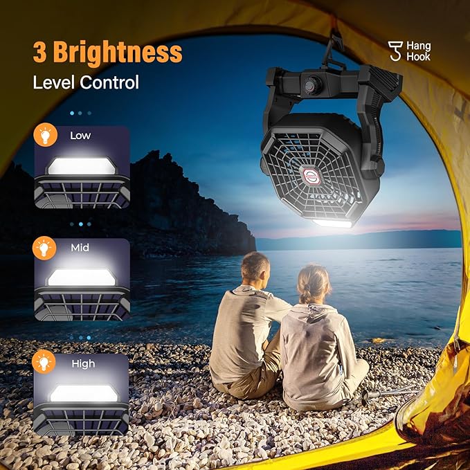 JINLICTE 20000mAh Solar Fan with LED Lantern, Camping Fan with 7W Solar Panel, Rechargeable Powered for Outside, Quiet Battery Operated Tent Fan for Picnic, Barbecue, Fishing, Travel