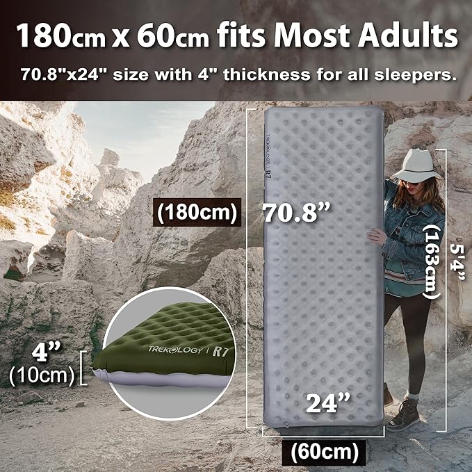 TREKOLOGY Sleeping Pad for Camping– Ultra-Lightweight, 4" Thick Camping Mat with 7.2 R-Value for All Seasons– Compact, Durable & Waterproof–Ideal for Backpacking, Hiking, and Outdoor Adventures UL R7