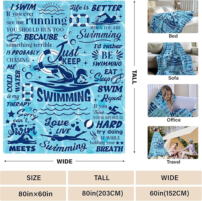 Swim Gifts for Swimmers, Swimming Blanket Gifts for Coach Gifts, Swim Team Gift, Just Keep Swimming, 80" x 60" Swimmer Blanket Christmas Birthday Gift for Men