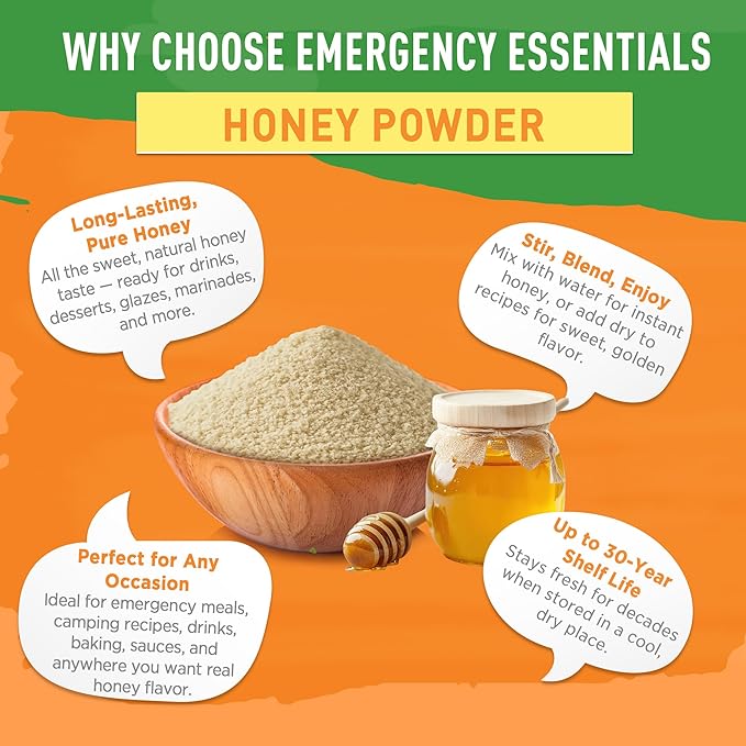 Emergency Essentials, Honey Crystals, Over 3 lbs. of Honey Powder, 30-Year Shelf Life