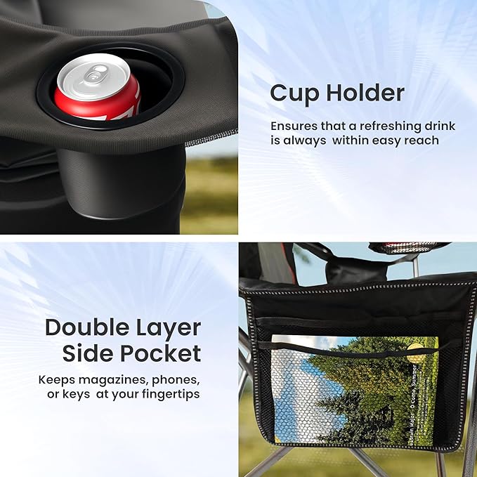 Oversized Camping Chair Heavy Duty- Portable Folding Chair, Cup Holder & Waterproof Phone Case for Adults, Beach, Hiking, Backyard (Black & Gray, 2 PCS-21)
