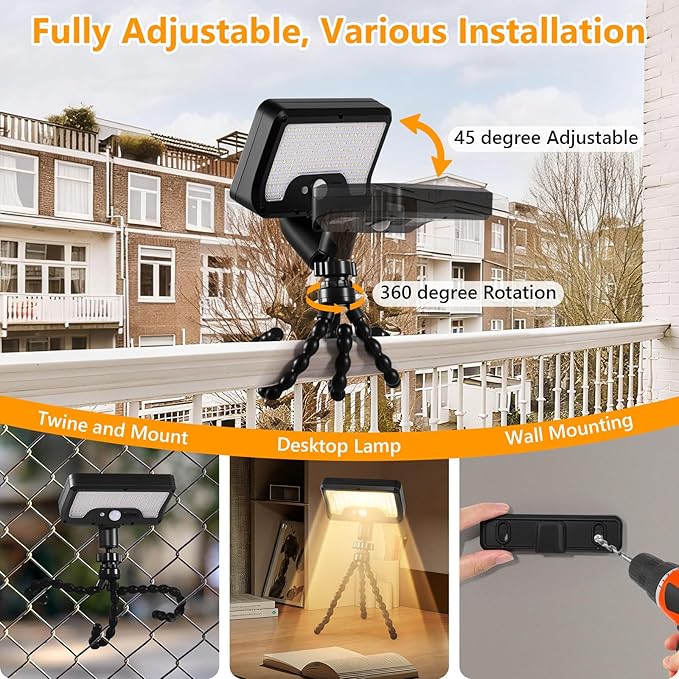 Solar Motion Lights Outdoor with Flexible Octopus Tripod, USB & Solar Powered Motion Sensor Lights with 92 LEDs, IP65 Waterproof Motion Activated Light for Fence, Camping (2 Pack, Warm Yellow)