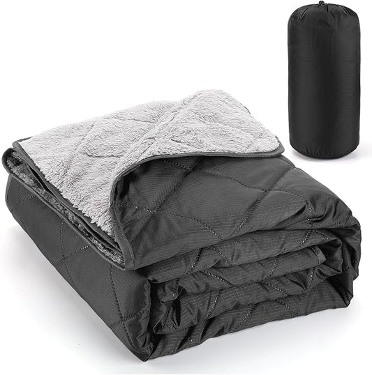 Aulock 55''W x 60''L Warm Outdoor Stadium Blanket Waterproof - Portable & Windproof Black Blanket with Sherpa Fleece Lining for Camping Winter Cold Weather