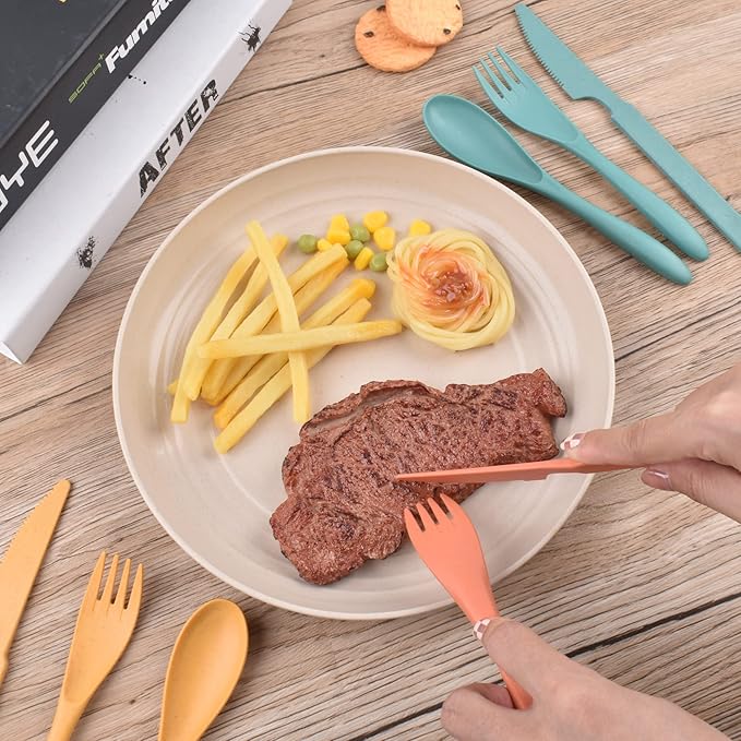 Knives Spoons and Forks Set, Wheat Straw Cutlery Set, Reusable Flatware Set for 4, Utensils for Party, Travel, Work, Picnic, Camping or Daily Use (Dark green, Orange, Yellow, Grey)