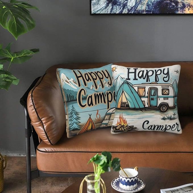 Happy Camping Throw Pillow Covers 18x18 inch Set of 2 Pillow Case Cushion Cover for Home Sofa Couch Living Room Car Decor