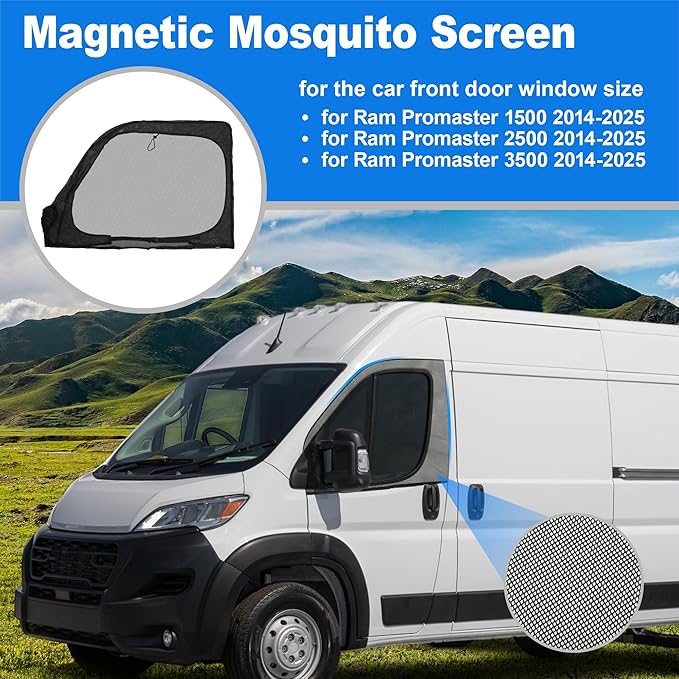 Magnetic Mosquito Screen for Front Doors for Ram Promaster 1500 2500 3500 2014-2025 47x31in Van Front Side Window Anti Mosquito Net Fine Nylon Mesh for Camping Fishing Field 1 Pair