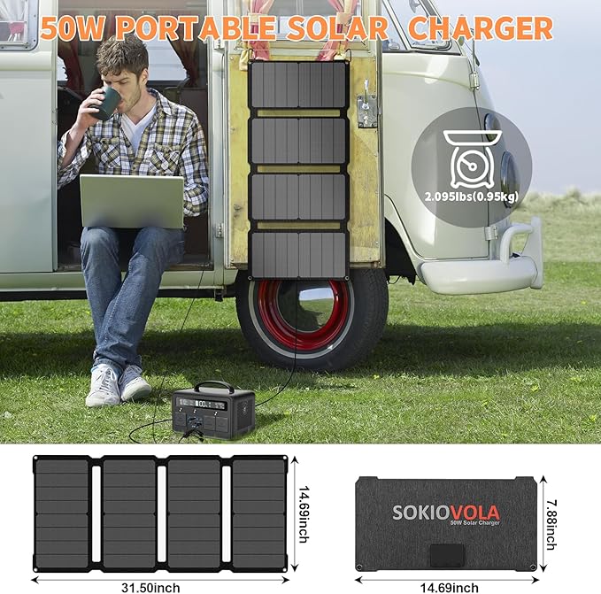 SOKIOVOLA [Upgraded] Foldable Solar Panels 50W Portable Solar Panel Charger 3 Output Ports (USB-A USB-C DC) Folding Solar Panel for Camping Hiking RV Outdoor Activities