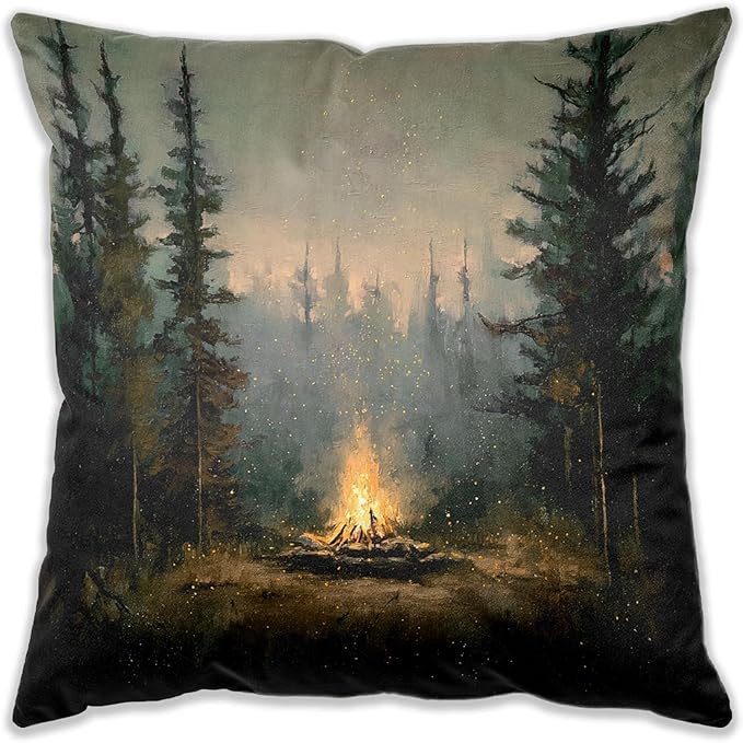 Vintage Forest Campfire Pillow Covers 18x18, Moody Pine Tree Camping Decor, Rustic Woodland Campsite Decorative Throw Pillow Covers for Home Bedroom Living Room Sofa Couch,Camper Lover Gifts