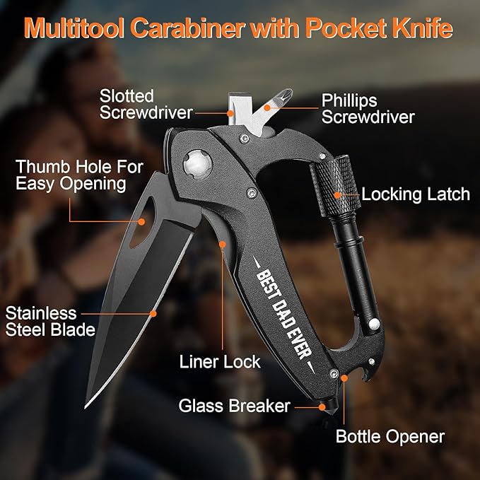 Birthday Gifts for Men Dad Him Husband, Multitool Carabiner With "Best Dad Ever", Fathers Day Dad Gifts from Daughter Son, Cool Gadgets for Men, Tactical Survival Gear for Camping And Hiking