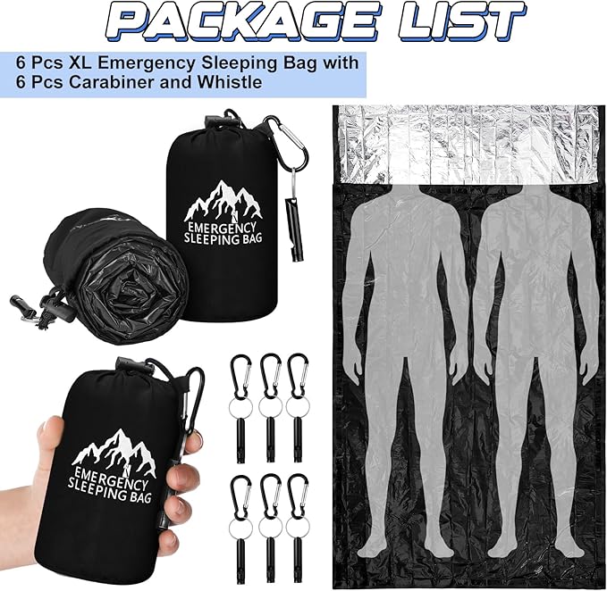Oudain 6 Pcs XL Emergency Sleeping Bag 94.5" x 49.2" Waterproof Survival Sleeping Bag with Whistle Carabiner Portable Thermal Bivy Sack Emergency Blankets for Camping Hiking Outdoor