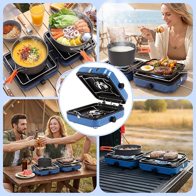 Hisencn 2 Burner Propane Camping Stove, 30000 BTU Foldable Portable Gas Stove with Cookware Set & Carry Bag, Outdoor Cooking for Camping, RV, Emergency Use, Blue