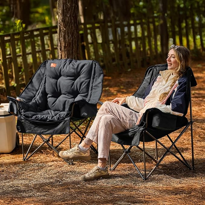 EVER ADVANCED 2 Set Camping Chair with Detachable Cushion, Mesh Chair for Adults Foldable, Oversized Heavy Duty Folding Chair with Cooler Mesh Pocket Cupholder Outdoor Fishing, Supports 400LBS Black