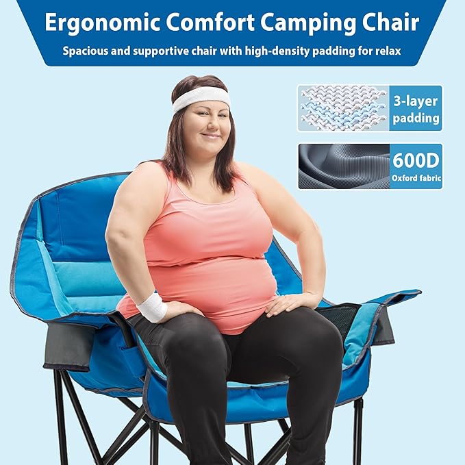 Youtanic Oversized Camping Chair, Portable Folding Camping Chairs with Side Pocket, Cup Holder and Carry Bag, Heavy Duty Outdoor Camping Chairs for Adults, Fishing, Sports, Trip, up to 400lbs, Style 1