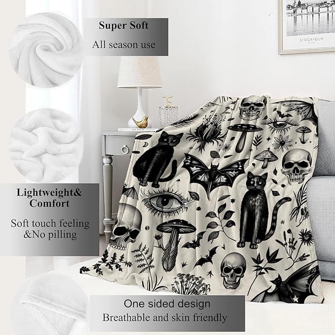 Spooky Goth Blanket Gothic Black Cats, Skulls, and Bats Throw Blankets Gifts for Girls Boys Adults Lightweight Soft Fleece Cozy for Sofa Couch Bed Room Travel Birthday Halloween Decor 40x50in