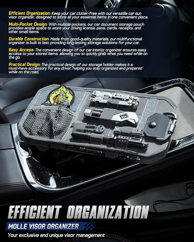 WYNEX Molle Car Sun Visor Organizer, Car Accessories with Zip Storage Pouch & Glasses Holder, Semi-Rigid Molle Panel with Patch for Tactical Gears, Fits Most Cars, Trucks, Pickups, Patrols