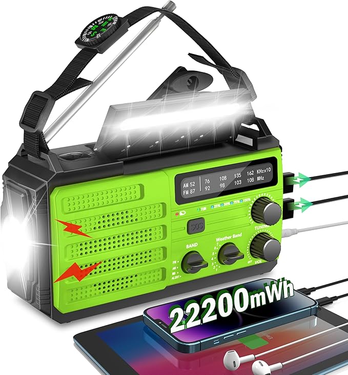 Emergency Radio with Solar & Hand Crank Radio 22200mWh (6000mAh) NOAA Emergency Weather Radio Alert, SOS Alarm, AM/FM, Hand Crank Flashlight, Compass for Tornado, Winter Storm, and Survival Kits