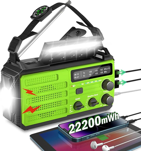 Emergency Radio with Solar & Hand Crank Radio 22200mWh (6000mAh) NOAA Emergency Weather Radio Alert, SOS Alarm, AM/FM, Hand Crank Flashlight, Compass for Tornado, Winter Storm, and Survival Kits