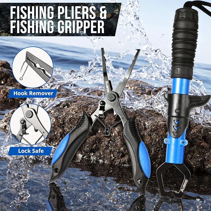 PLUSINNO Fishing Backpack with Fishing Rod &Tackle Boxes, Waterproof Sling Tackle Bag for Fish Gear with Rod Holder, Gifts for Men with Lures, Pliers, Fish Lip Gripper.