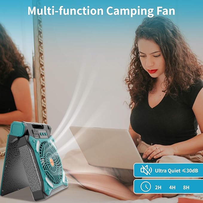 WESTTREE Solar Fan Battery Powered Rechargeable Solar Camping Fan with Led Lantern & Power Bank Foldable Angle USB Personal Fans for Travel Outdoor Camping Tents X98 Cyan