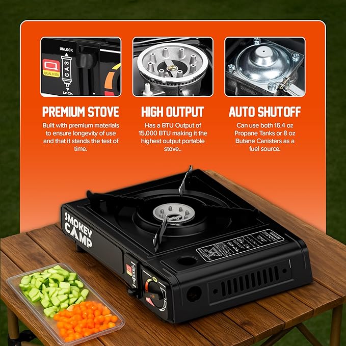Portable Camping Stove with Plastic Suitcase 3000W Butane or Propane Fuel Compatable (Propane Adapter not Included), Automatic Ignition, Precise Heat Control, for Camping, Hiking, and Outdoor Cookwing