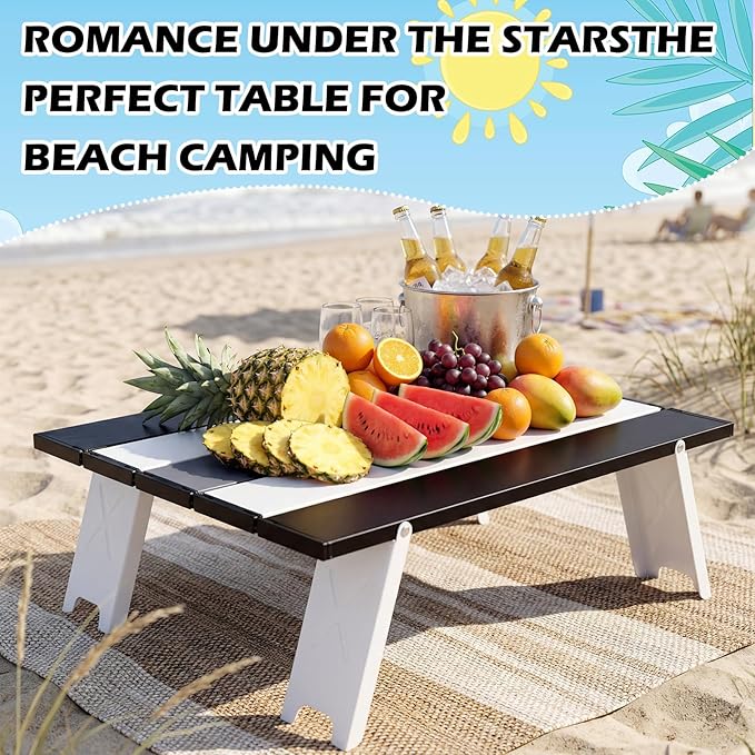 CroBlissful Beach Table Folding Camping Portable Table Striped White Aluminum Side with Carry Bag for Camping Picnics and Outdoor Activities (16x11x5 in,Gray)