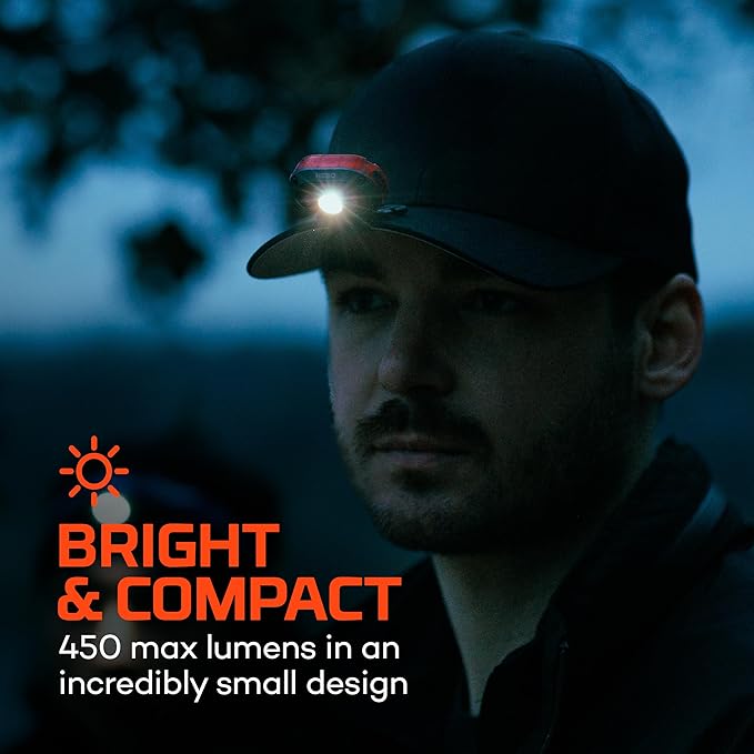 NEBO MYCRO 450 Rechargeable Headlamp | 450 Lumens, 6 Light Modes, Water Resistant, Detachable Hat Clip, Super Bright Head Lamp for Camping & Hiking, Includes USB Charging Cable — Red
