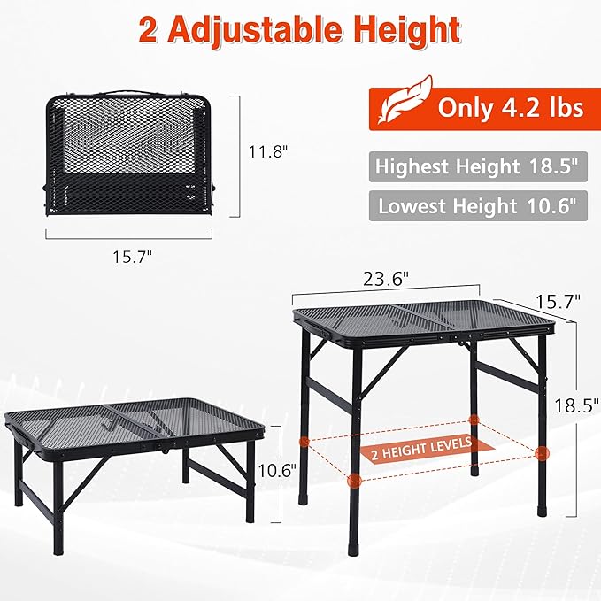 JOUYEK Camping Table, 2x1.3 FT Portable Folding Grill Table, Lightweight Height Adjustable Metal Tables with Mesh Desktop and Mesh Bag, Outdoor Tables for Camping, Picnic, Beach and BBQ, Black
