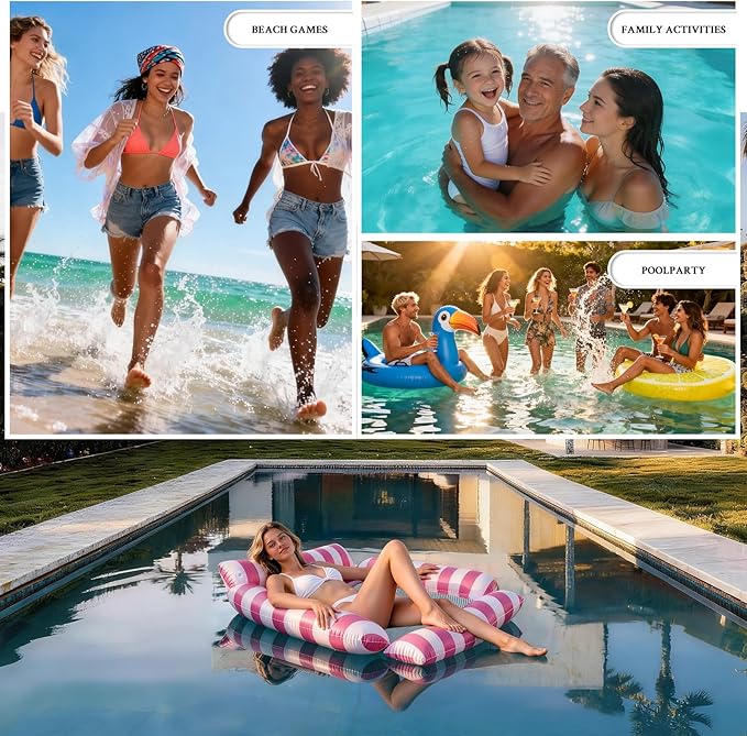 Pool Floats Adult Inflatable Hammock with Cooling Mesh, Portable Foldable Water Chair for Beach Vacation Essentials, Striped Floaties for Adults, Lightweight for Travel & Summer Relaxing