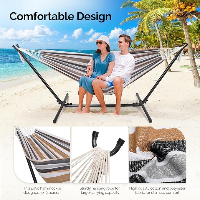 ONCLOUD 550 LBS Capacity Double Hammock with Stand Included with Portable Carrying Bag, Heavy Duty 2-Person Hammock for Outdoors & Indoors - Desert Stripe, Series TDCTZ1 - Desert Stripe