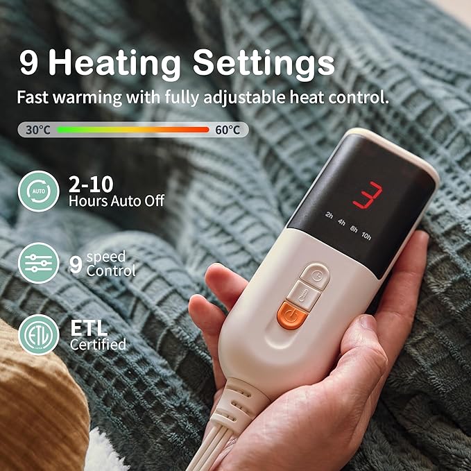 Texciting Heated Blanket Electric Blanket Throw 50''X60''-Heating Throw with 9 Heat Settings-2-10 Hours Auto Off,ETL Certified,Machine Washable (Green)