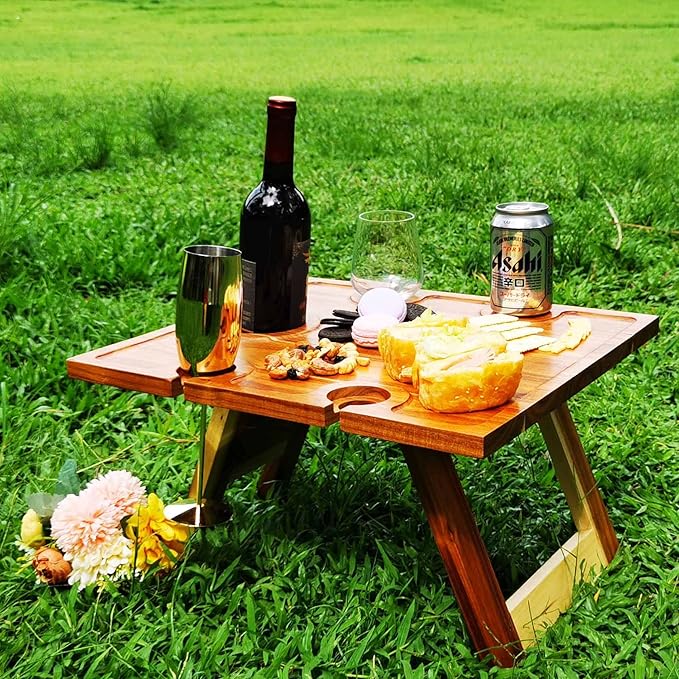 SASIDO Portable Wine Picnic Table, Acacia Wood, Larger Tray Foldable, Charcuterie Board, Wine Gift, Decor for Romantic Camping, Engagement Party, Concerts, Glamping, Winter Adventure