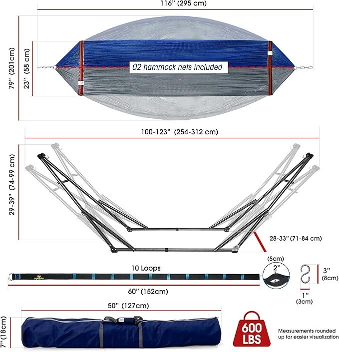 Tranquillo Combo x2 Hammocks with Stand for Outside & Tree Straps, Heavy Duty Hammock with Stand 600lbs for Indoor Outdoor Patio Backyard, x2 Hammocks for 2 Person, Portable Carrying Bags, Aegean
