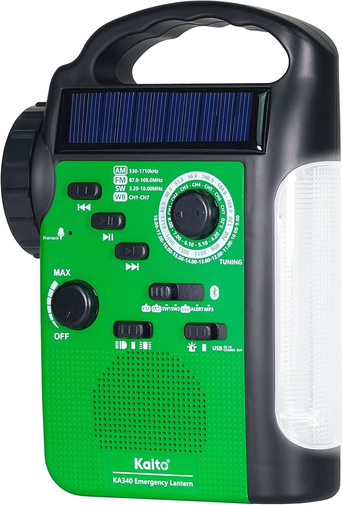 Kaito KA340 Solar Dynamo Hand Crank Rechargeable LED Camping Lantern for Emergency AM/FM/SW NOAA Weather Alert Solar Radio with Bluetooth, Flashlight, Phone Charger, MP3 Player & Siren (Green)