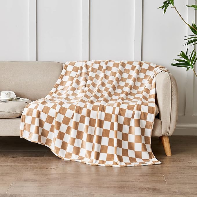 Edenleaf Checkered Blanket Flannel Throw Blankets Soft Cozy Checkered Grid Print Chessboard Gingham Pattern Throws for Bed Sofa Couch for All Seasons, 60x80 Inch, Blonde