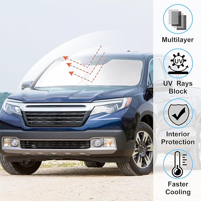Windshield Sun Shade Custom Fit 2017-2024 2025 2026 Honda Ridgeline Crew Cab Accessories Foldable Sunshade Sun Blocker Front Window Shades Covers Keep Car Cooler