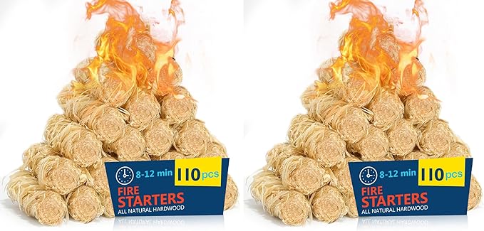 Fire Starter 110Pcs - Extra Long 12min Natural Fire Starters for Grill, Fireplace, Camping & Survival Kit | Waterproof, Odorless, Safe for BBQ/Pizza Oven/Chimney (Indoor & Outdoor) (Pack of 2)
