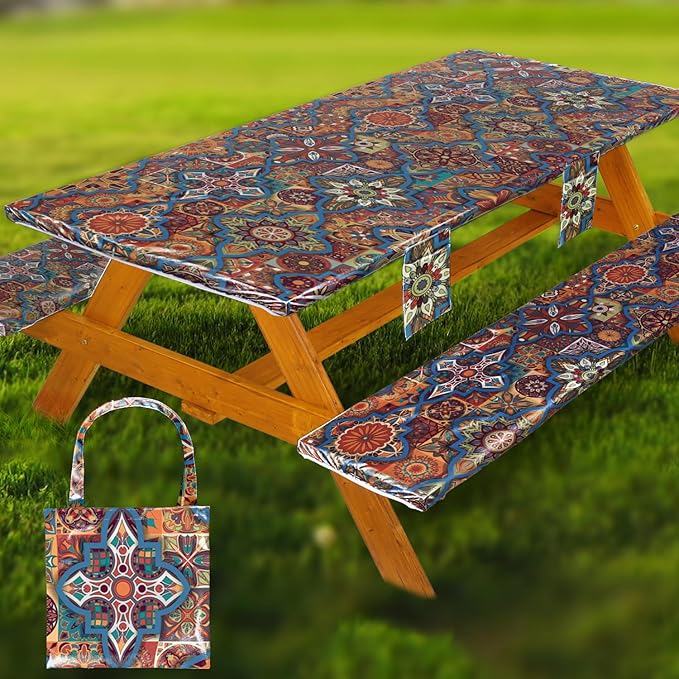Fitted Picnic Table Cover with Bench Covers Waterproof Elastic Edges Rectangle Patio Tablecloth Outdoor Camping Essentials Stuff Rv Accessories Summer Travel Camper Trip Gifts for Men Woman, 72in 6 ft