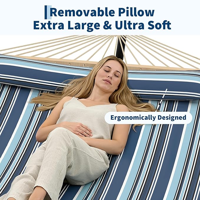 Hammocks 12 FT Double Quilted Fabric Hammock with Spreader Bar and Detachable Pillow, 2 Person Hammock for Outdoor Patio Backyard Poolside, 450lbs Weight Capacity