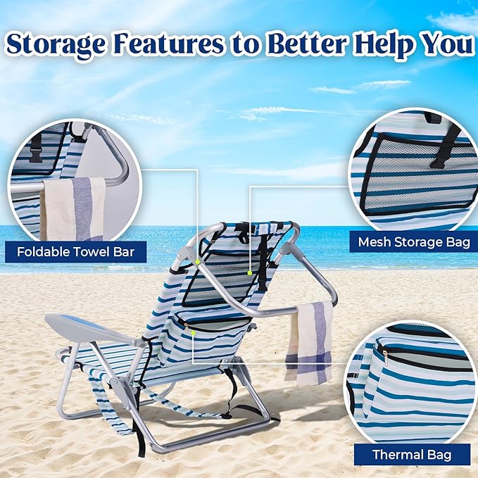 Portable Beach Chair for Adults, Outdoor Camping Chair Lay Flat Folding Backpack Beach Reclining Chair with 5 Positions, Headrest, Cup Holder, Heavy White Striped