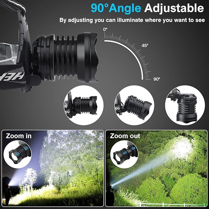 Bud K LED Headlamp USB Rechargeable, Head Lamp XHP70 Super Bright 90000 High Lumen with 5 Modes, Batteries Included, Zoomable, Waterproof Headlight for Camping Hunting Running Fishing Biking (Black)