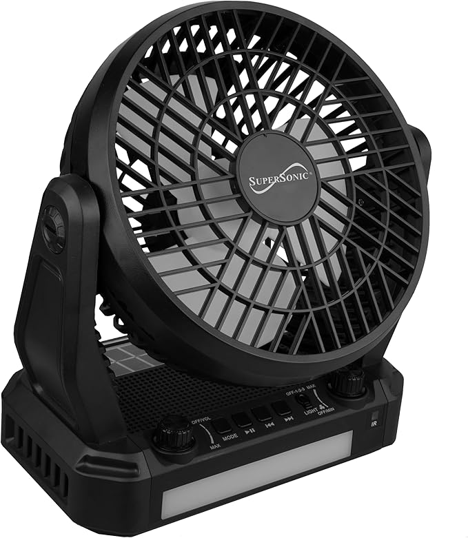 Supersonic SC-1076ERF Solar Powered Portable Fan with 6-Inch Fan Diameter, Adjustable 3 Wind Speed, Foldable Hanger Hook, LED Flashlight, Bluetooth, FM Radio, AUXUSB/mSD Inputs