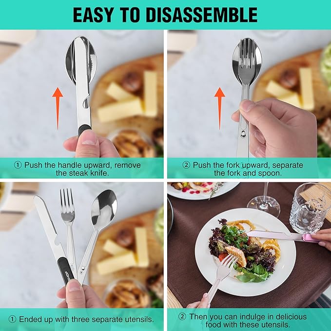 HAUSHOF 2-Pack 4-in-1 Camping Utensils, Stainless Steel Camping Eating Utensils with Carrying Bag, Detachable Spoon, Fork, Knife, Bottle Opener - Travel Utensil Set for Hiking, Picnic, Barbecue