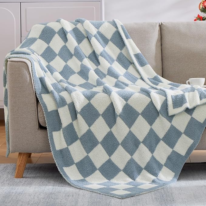 WRENSONGE Checkered Throw Blanket, Grey Blue Soft Cozy Fluffy Warm Hand Made Throw Blankets for Couch, Sofa, Chair, Bed, Camping, Picnic, Travel Lightweight Bed Blanket - 50"*60"
