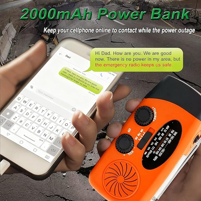 Emergency Weather Radio, 2000mAh Solar Hand Crank Portable AM/FM NOAA Radio, Battery Powered with Cell Phone Charger, LED Flashlight, SOS Alarm for Camping & Home Emergencies (Orange)