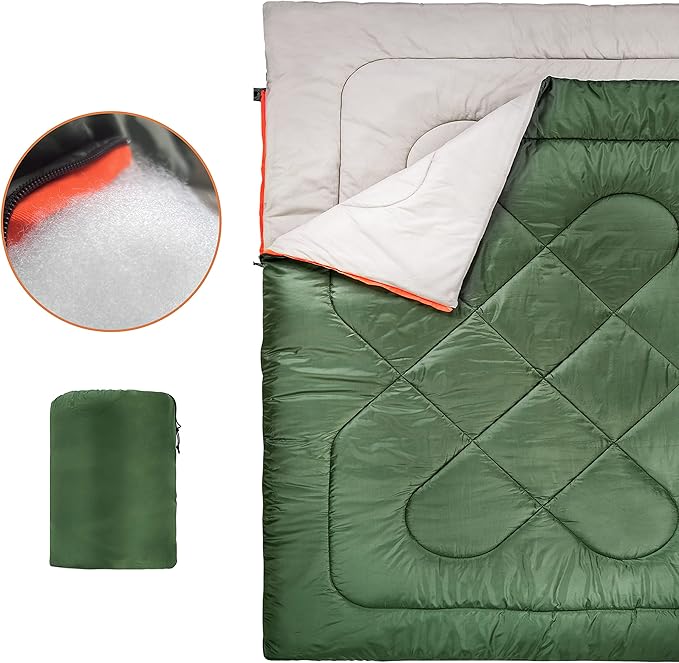 Amazon Basics 40°F Cold Weather Two-Person Sleeping Bag for Outdoor Camping, Queen Size XL, 87" x 59", Olive Green