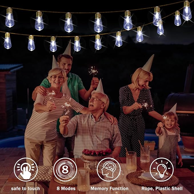 (New) Outdoor String Lights, 24FT Hemp Rope LED Patio Lights, Waterproof 8 Modes Plug-in Edison Bulb Lights for Backyard, Garden, Porch, Wedding, Christmas Decor