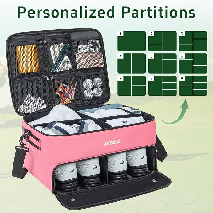 ANILD Golf Trunk Organizer, 2 Layer Golf Storage Case with Separate Ventilated Compartment for 2 Pair Shoes, for Balls, Tees, Clothes, Gloves, Accessories, Golfer Gifts