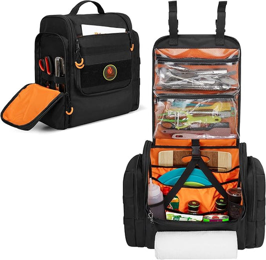 HODRANT Large Tactical Camping Kitchen Organizer, Hanging Cookware Storage Bag with Paper Towel Holder & Multi Pockets, Portable Camp Utensil Organizer for BBQ Cooking Essentials, Black, Bag Only